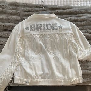 White denim BRIDE jacket w/ fringe